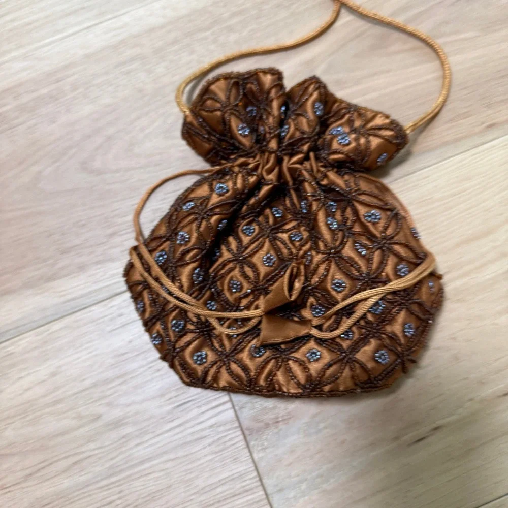 Handmade Indian Potli Clutch Bag Brown Silk Beaded Drawstring Festival BOHO